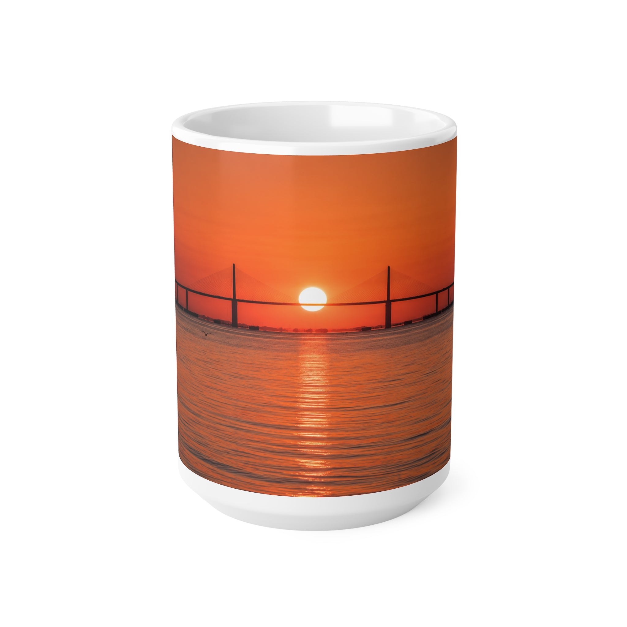 Skyway Sunset Bridge Ceramic Coffee Mug — Orange Seascape 11oz & 15oz