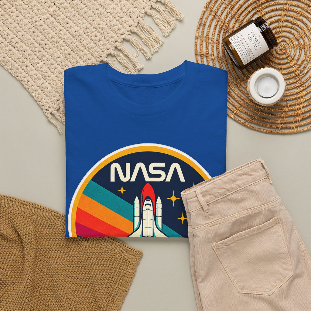 NASA Retro Rocket T‑Shirt — Vintage Space Shuttle Tee with Rainbow Trail