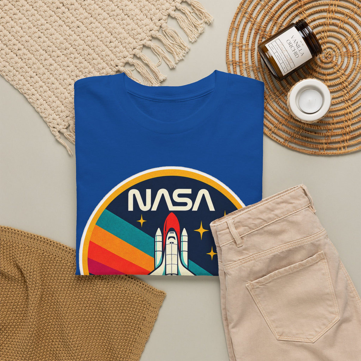 NASA Retro Rocket T‑Shirt — Vintage Space Shuttle Tee with Rainbow Trail