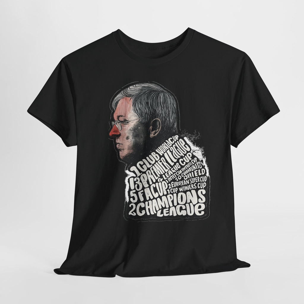 SIr Alex Ferguson Achievements Vintage Football Manager Profile Tee — Illustrated Head with Trophy Text Design