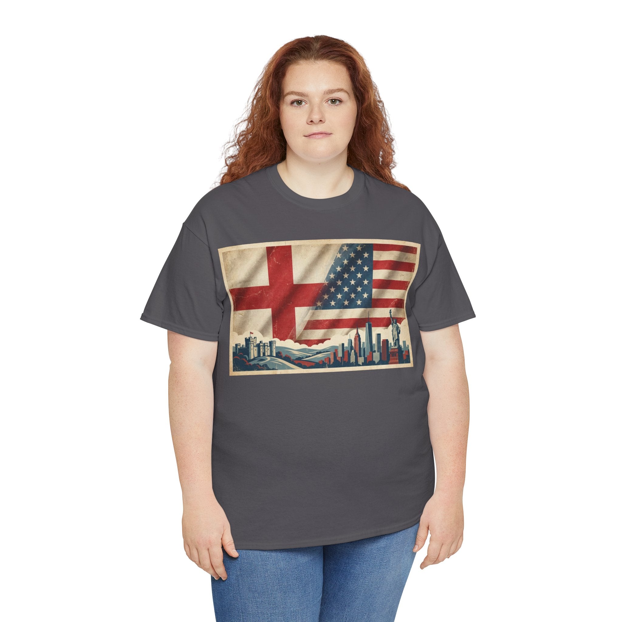 England + USA Flag Skyline T-Shirt — Vintage London & New York City Pride Tee