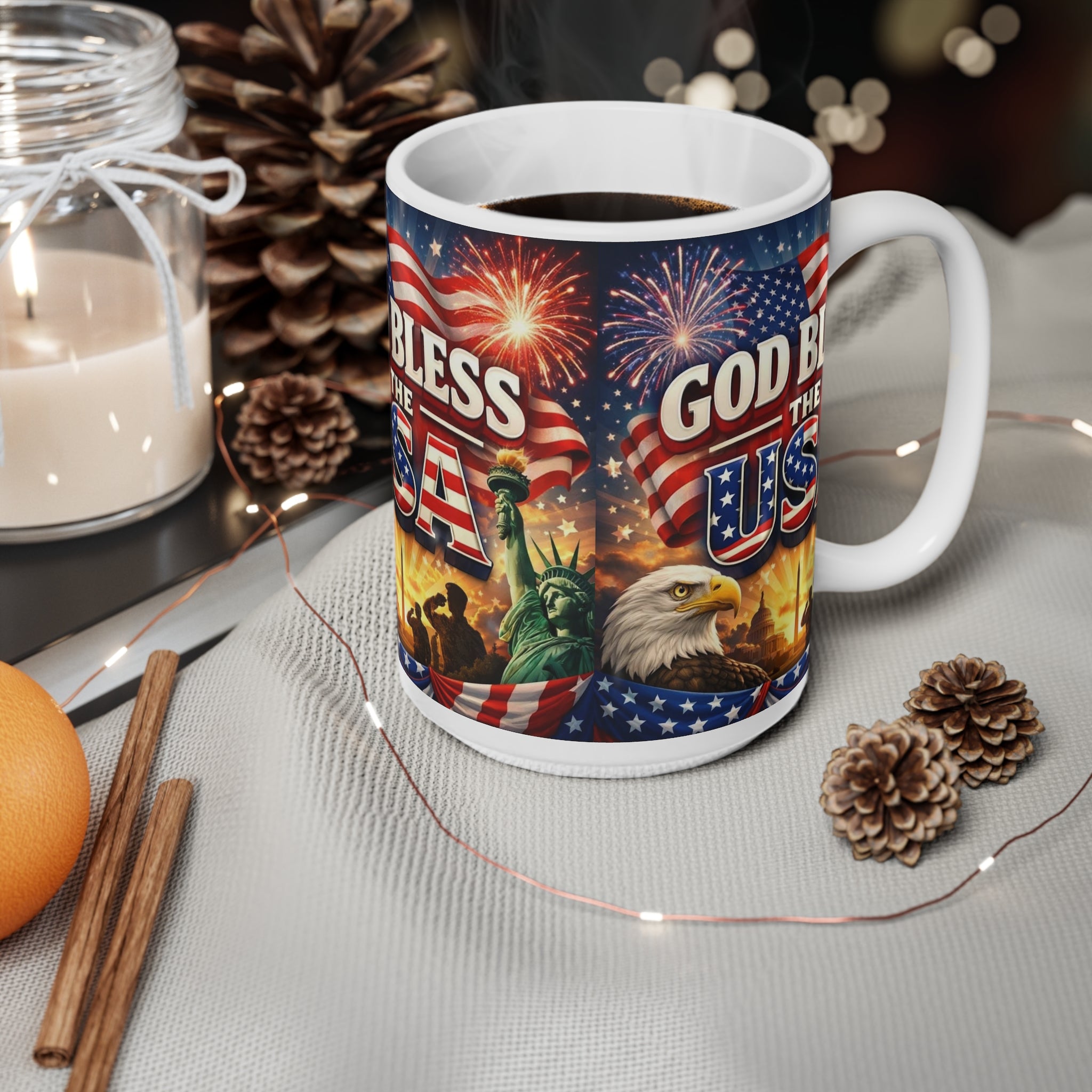 God Bless The USA Ceramic Coffee Mug — Patriotic 11oz/15oz Coffee Cup with Flag, Eagle & Fireworks