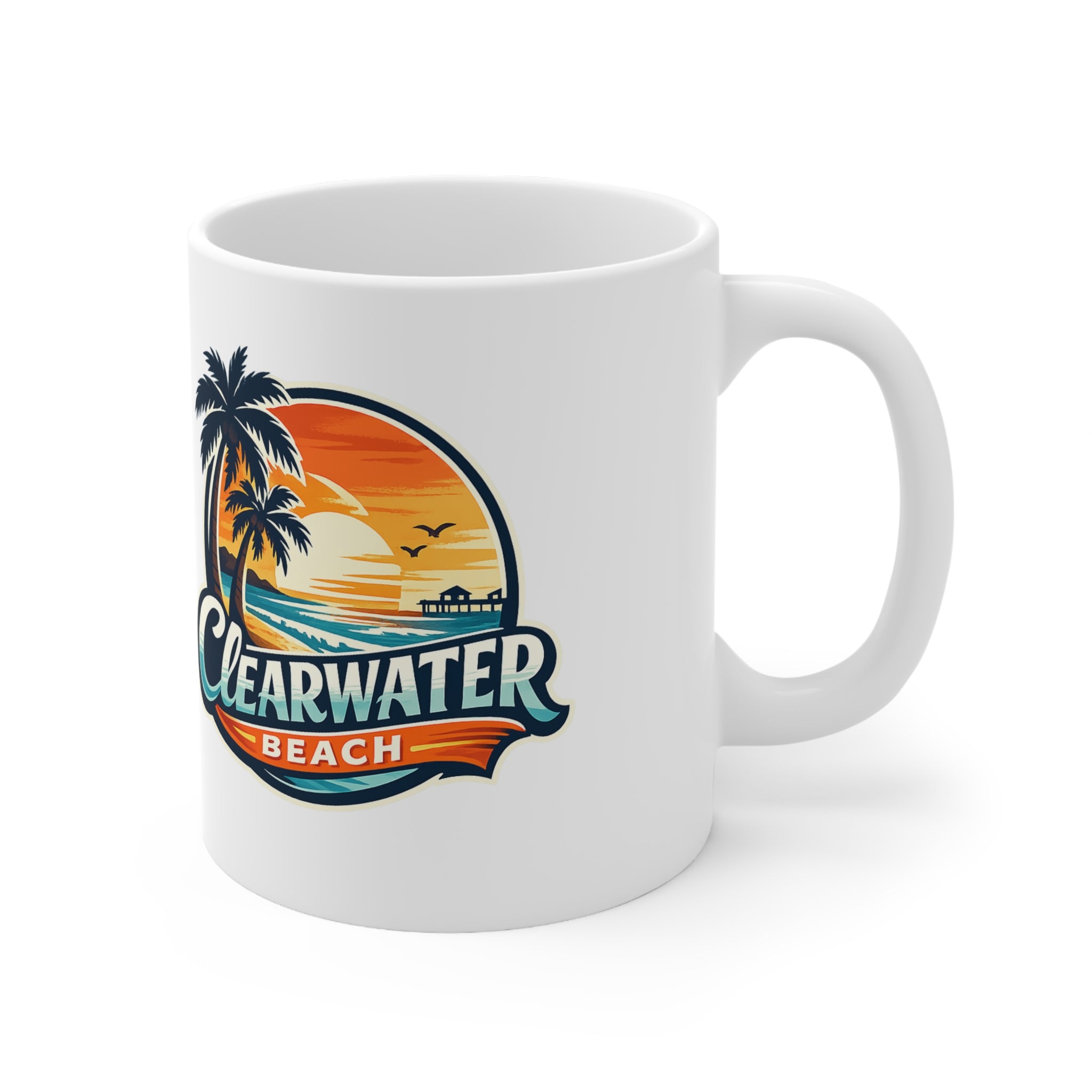 Clearwater Beach Sunset Ceramic Mug — Retro Palm Tree Coffee Cup (11oz & 15oz)