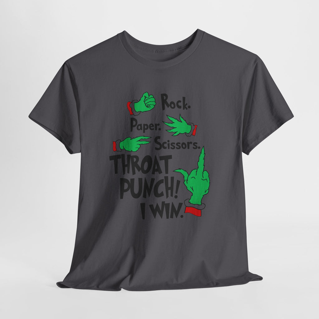 Funny Holiday Tee — "Rock. Paper. Scissors. Throat Punch! I Win" Graphic T-Shirt