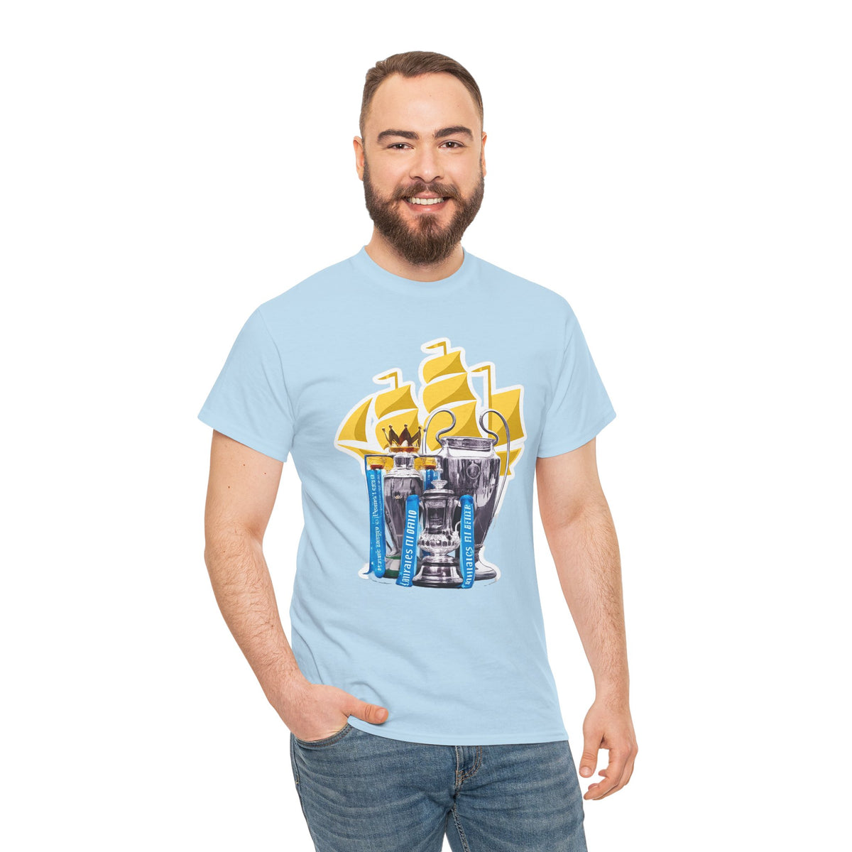 Manchester City Champions Trophy Tee – Golden Cups & Blue Scarves Football Fan Shirt
