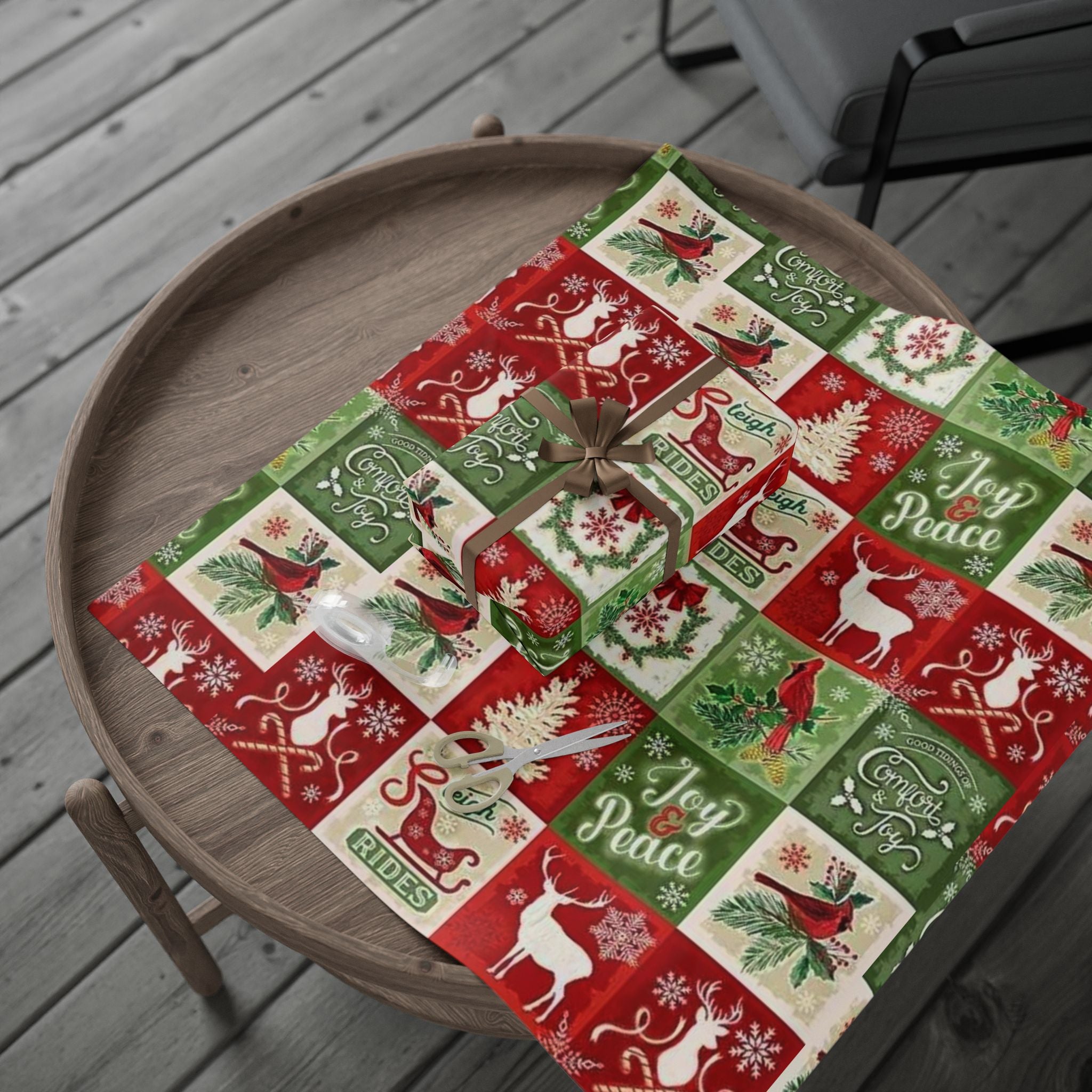 Christmas Patchwork Wrapping Paper Roll — Joy & Peace Holiday Gift Wrap