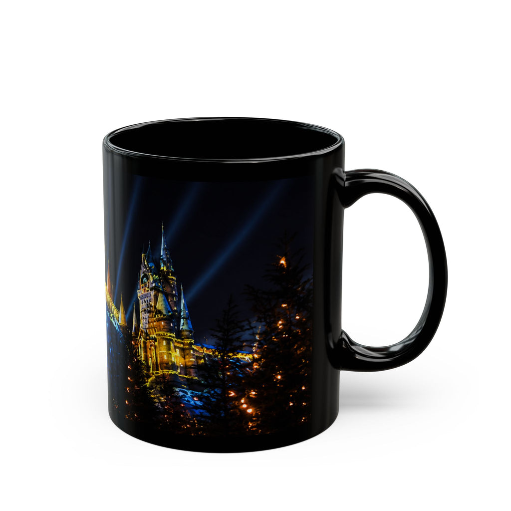 Hogwarts Night Castle Black Coffee Mug – Festive Illuminated Castle Panorama (11oz & 15oz)