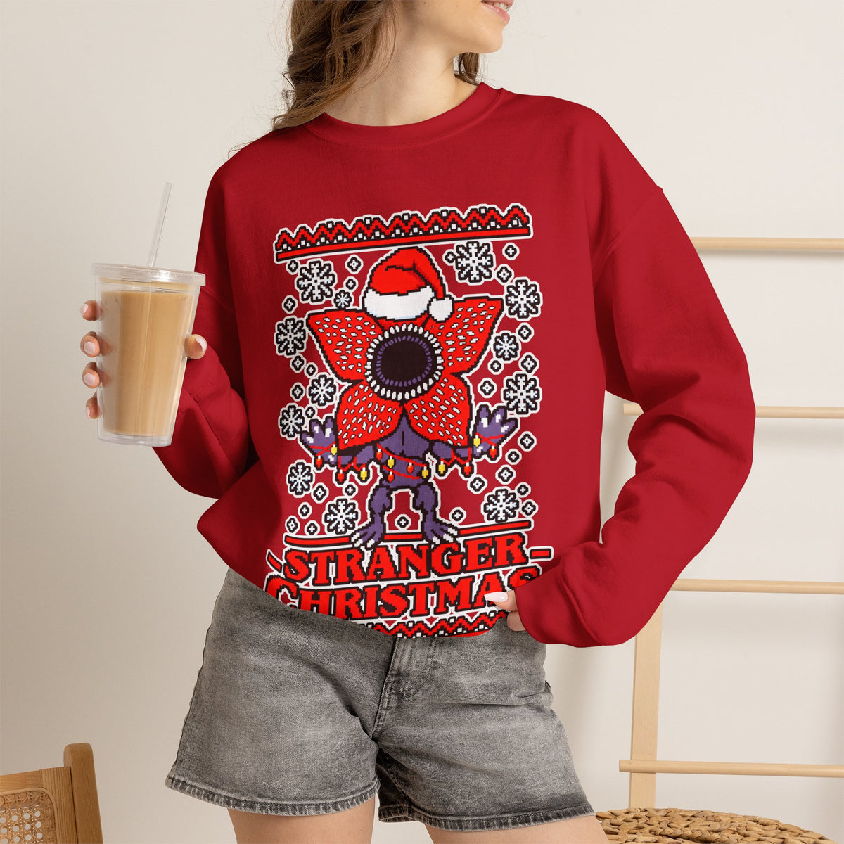 Stranger Christmas Crewneck Sweatshirt – Retro Demogorgon Holiday Sweater