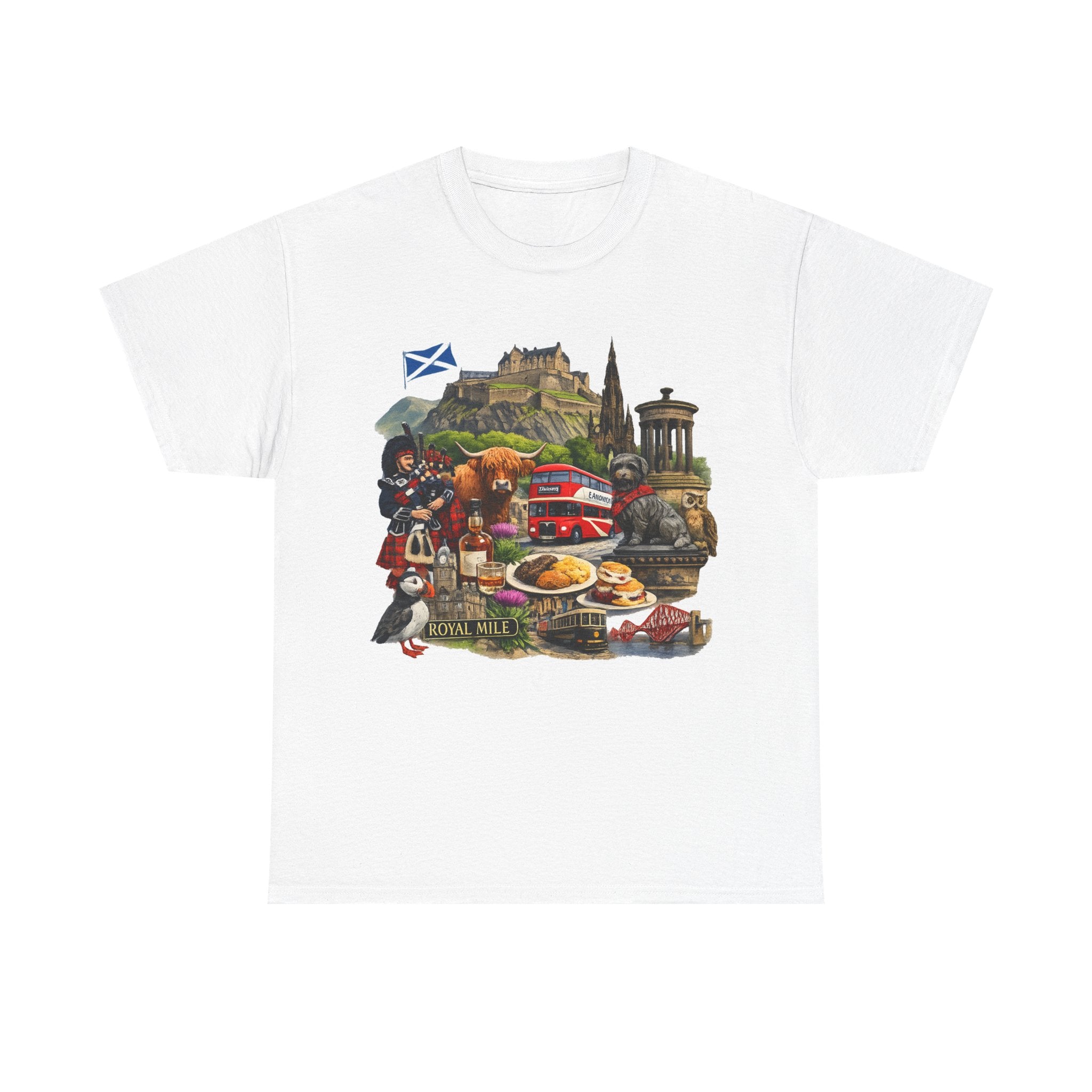 Scotland / Edinburgh Travel Collage T-Shirt — Edinburgh Castle, Bagpipes & Local Icons