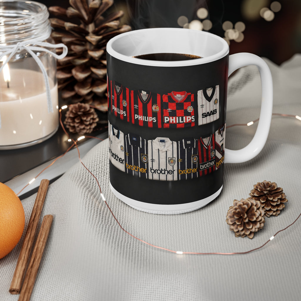 Manchester City Retro Away Soccer Jersey Collage Mug — Vintage Football Shirts Ceramic Coffee Cup (11oz & 15oz)