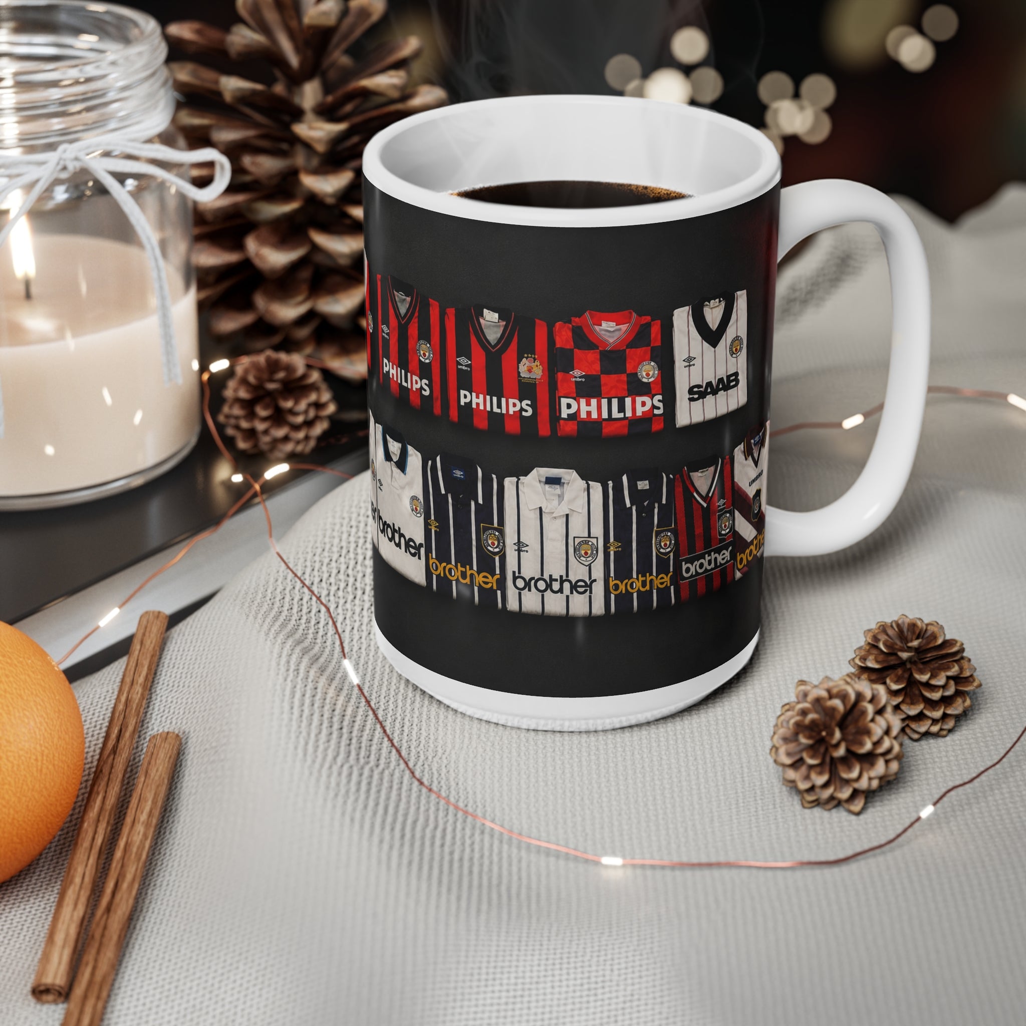 Manchester City Retro Away Soccer Jersey Collage Mug — Vintage Football Shirts Ceramic Coffee Cup (11oz & 15oz)