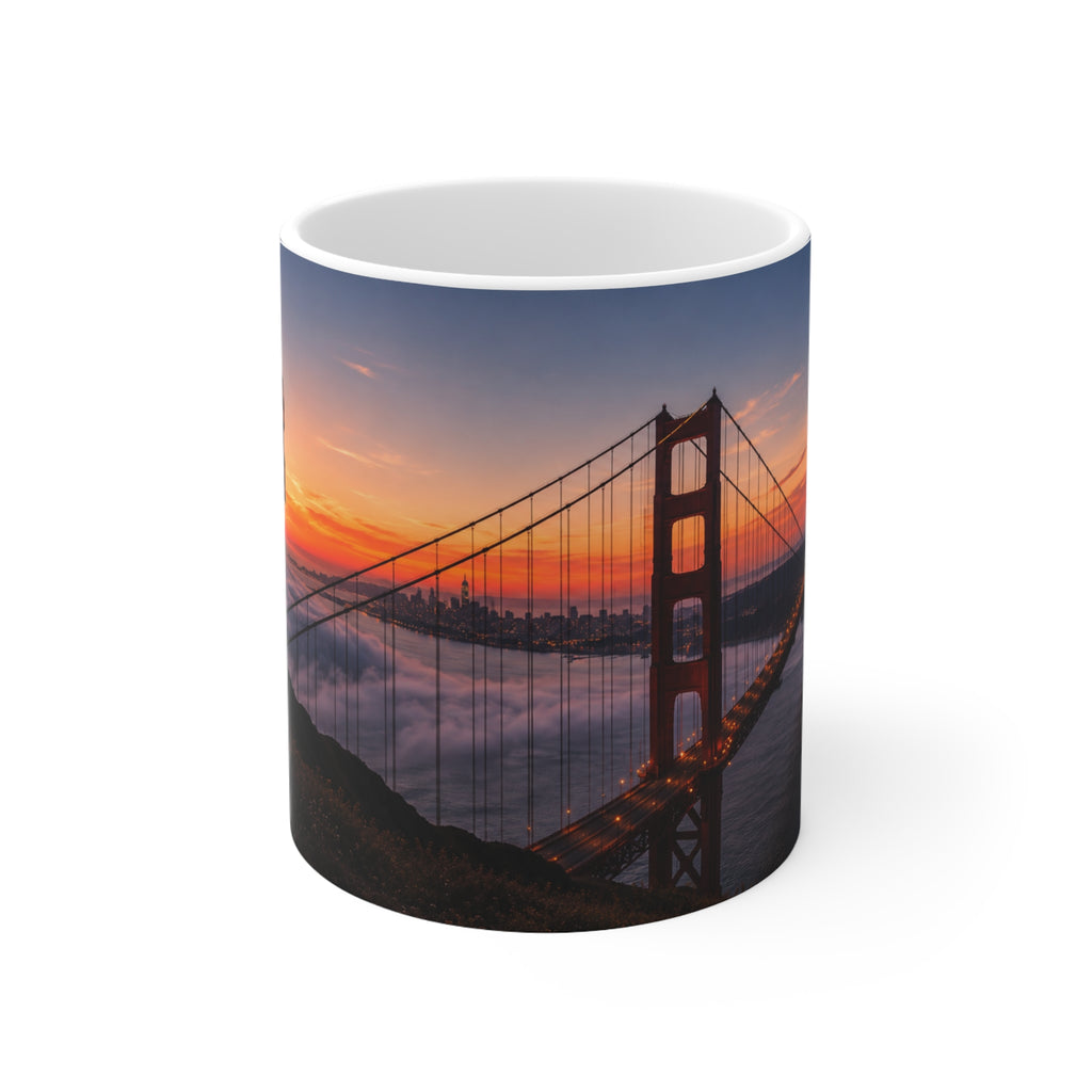 Golden Gate & Flag Sunrise Coffee Mug — San Francisco Sunset Ceramic Cup (11oz/15oz)