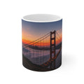 Golden Gate & Flag Sunrise Coffee Mug — San Francisco Sunset Ceramic Cup (11oz/15oz)