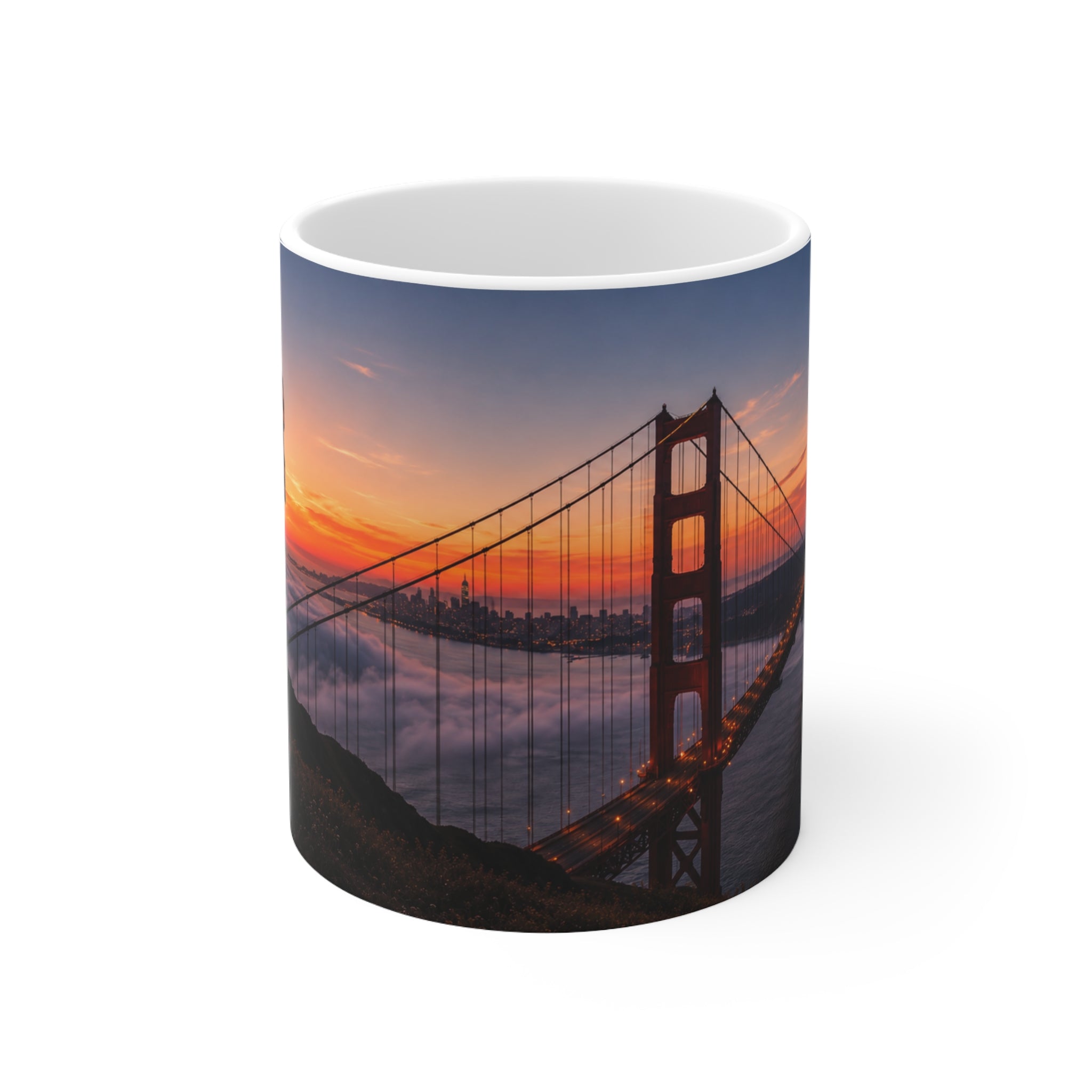 Golden Gate & Flag Sunrise Coffee Mug — San Francisco Sunset Ceramic Cup (11oz/15oz)