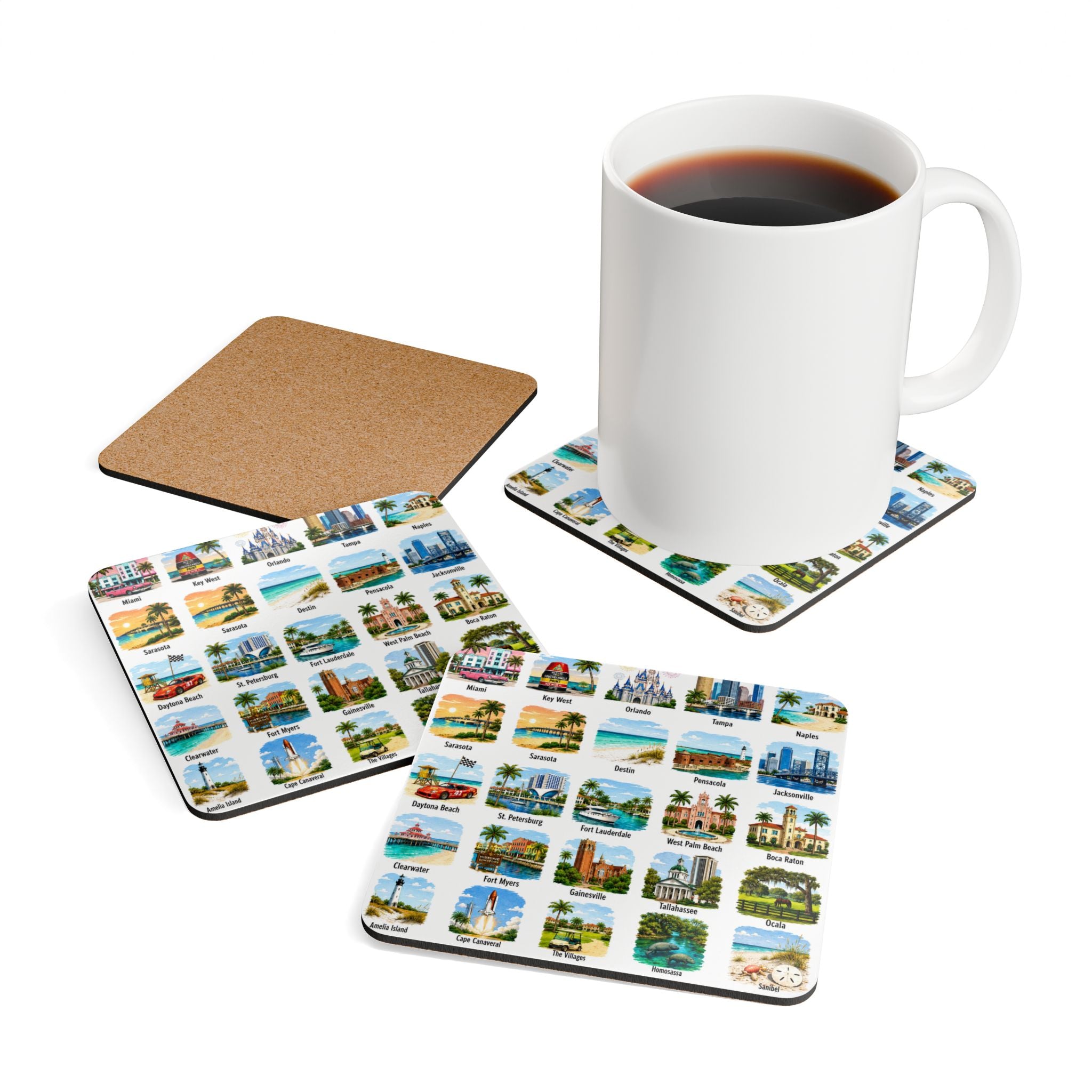Florida Cities Corkwood Coaster Set — Vintage Travel Map Style Coasters