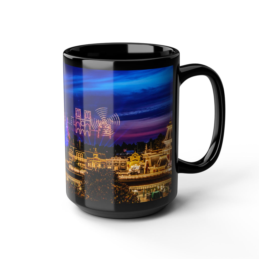 Disneyland Paris Park Nightscape Black Mug — Illuminated Main Street Skyline (11oz/15oz)