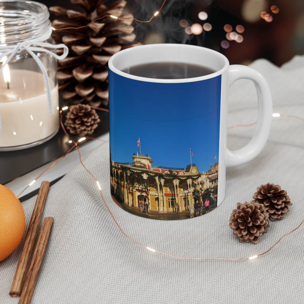 Magic Kingdom Town Square Christmas Mug — Festive Tree & Main Street Ceramic Coffee Cup (11oz, 15oz)