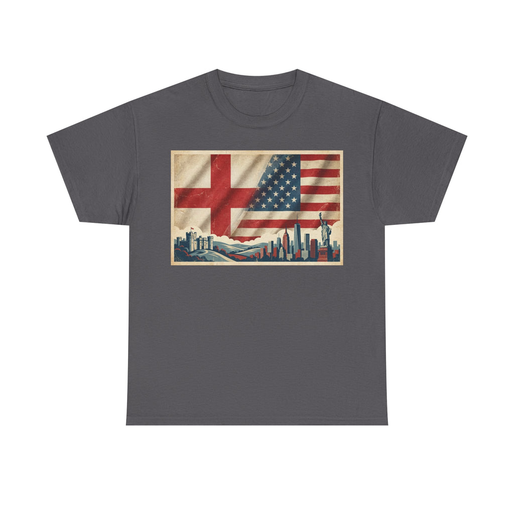 England + USA Flag Skyline T-Shirt — Vintage London & New York City Pride Tee
