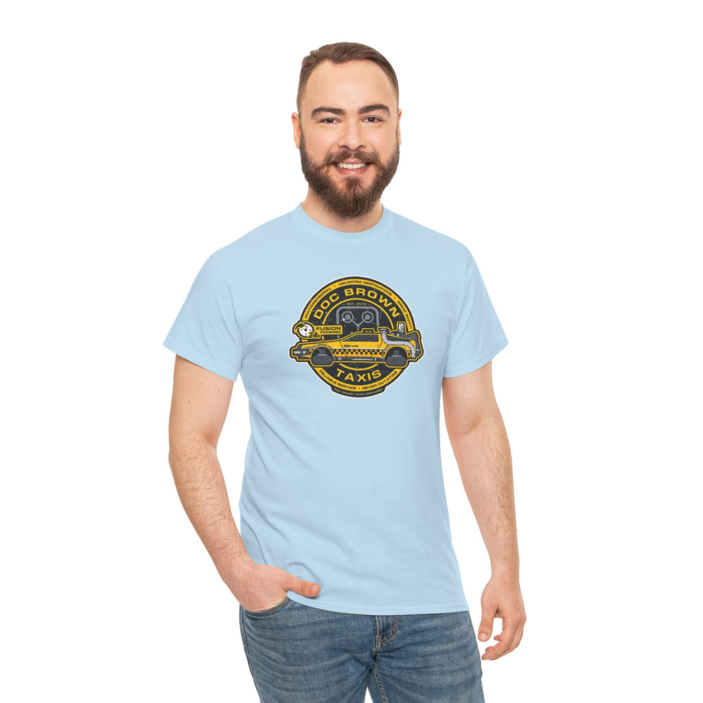 Vintage Taxi Badge T-Shirt — 'Doc Brown Taxis' Retro Cab Logo Tee