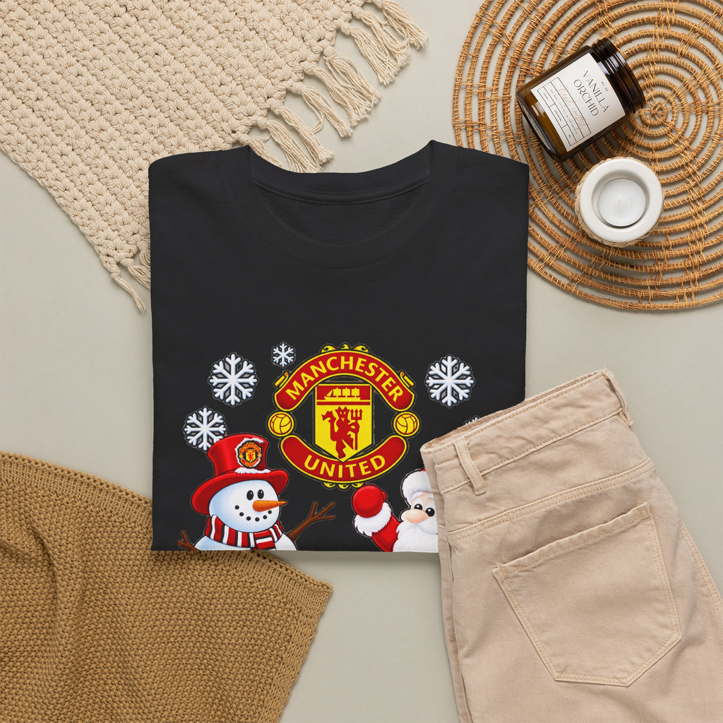 Manchester United Christmas Cotton Tee — Santa & Snowman Football Holiday Shirt