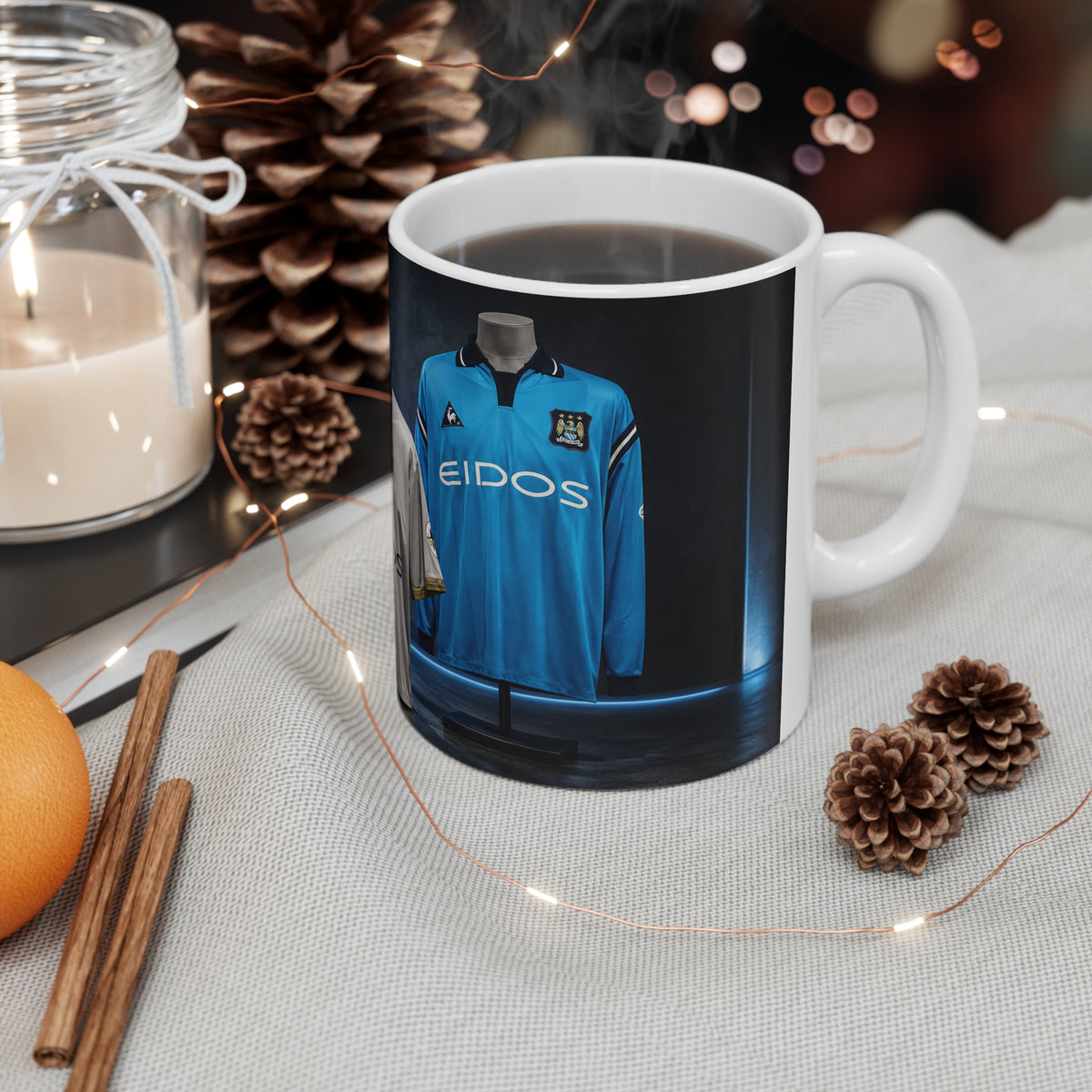 Manchester City Retro Soccer Jersey Coffee Mug — Vintage Team Kit Trio Design (11oz & 15oz)