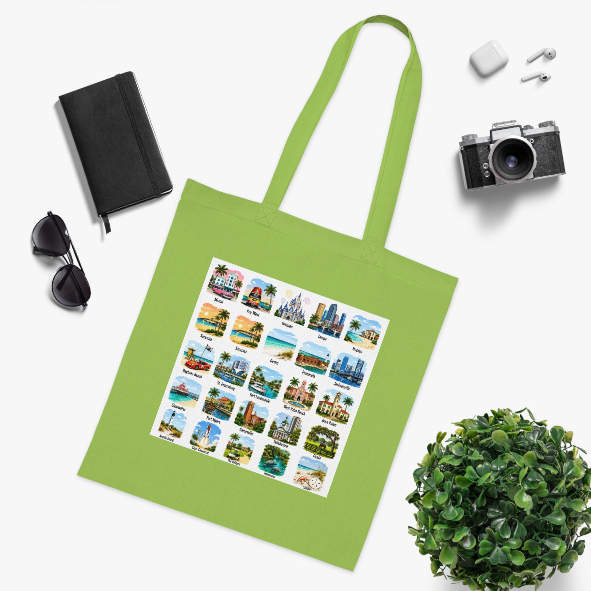 Florida City Landmarks Collage Cotton Tote – Vintage Travel Postcard Design