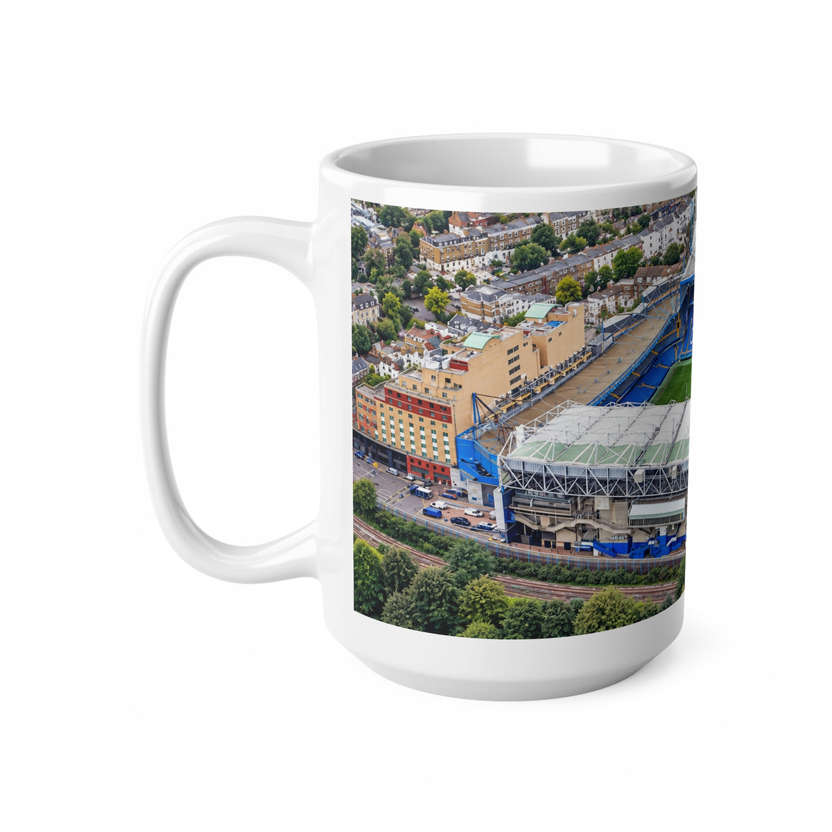 Chelsea FC Stamford Bridge Stadium Aerial Photo Ceramic Coffee Mug — 11oz & 15oz