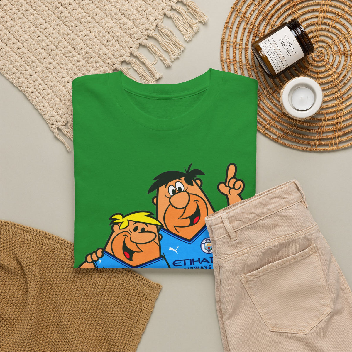 Manchester City The Flintstones Etihad Airways Cartoon Cotton T-Shirt