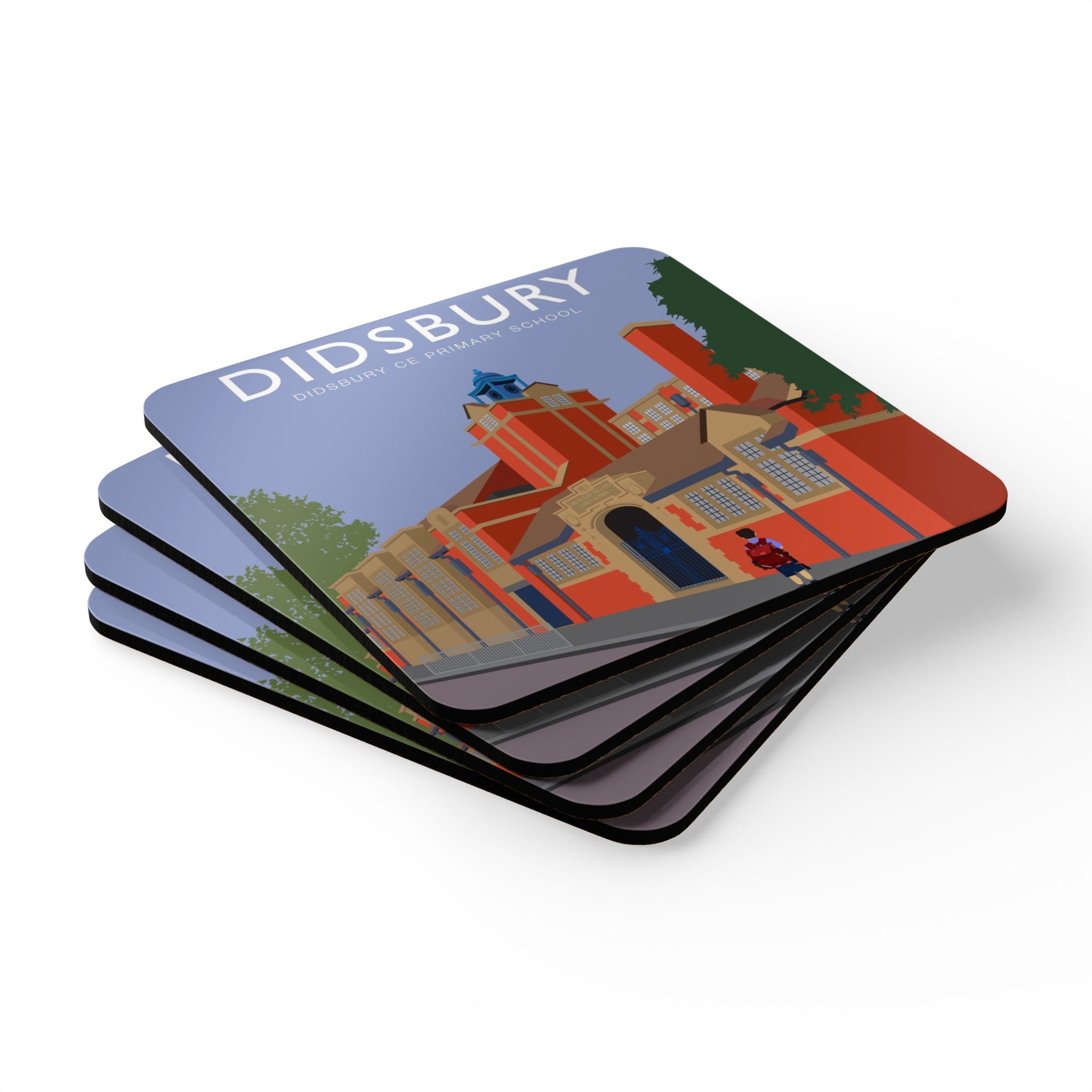 Elm Grove Didsbury C of E Primary School Landmark Cork Coaster Set — Vintage School Building Illustration
