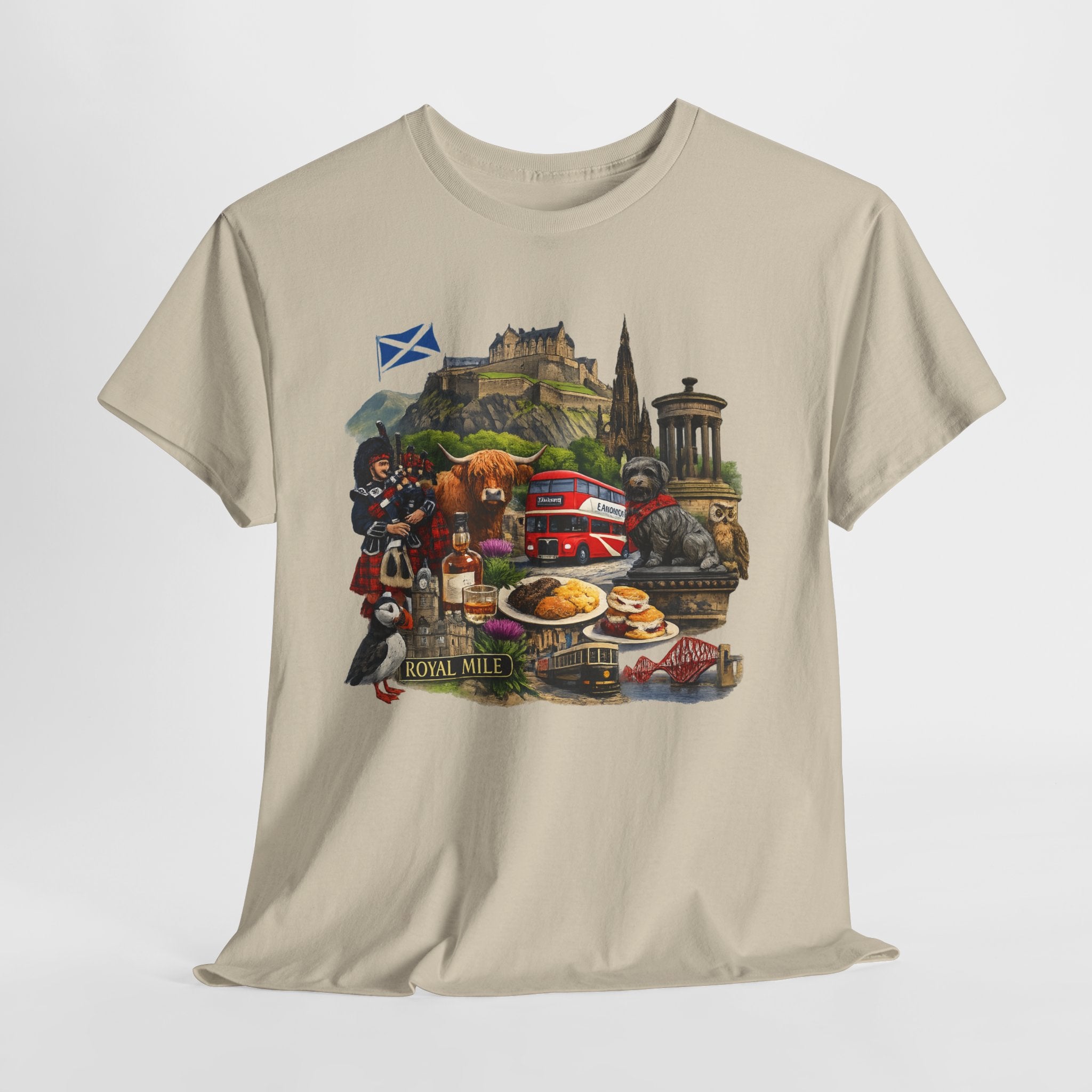Scotland / Edinburgh Travel Collage T-Shirt — Edinburgh Castle, Bagpipes & Local Icons
