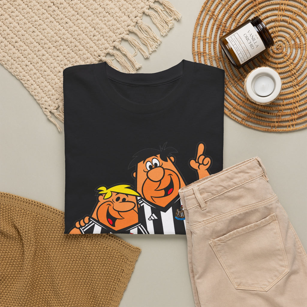 Newcastle United Flintstones Cartoon Cotton T-Shirt / Tee — Retro Striped Jersey Illustrations