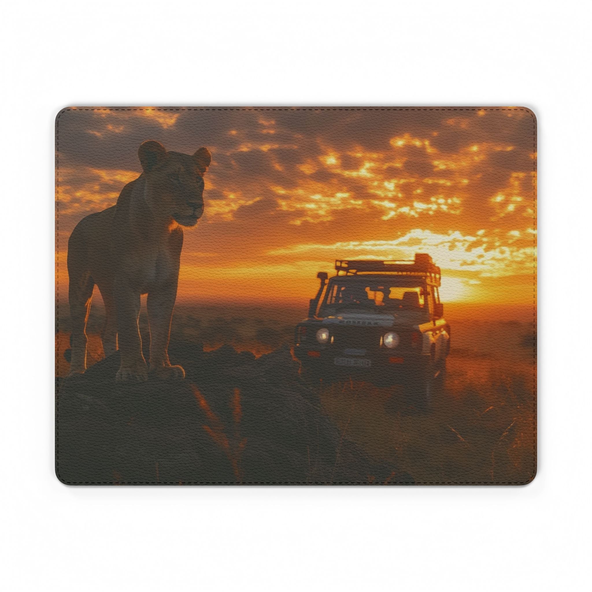 Safari Sunset PU Leather Mouse Mat — Lion & 4x4 Adventure Desk Pad