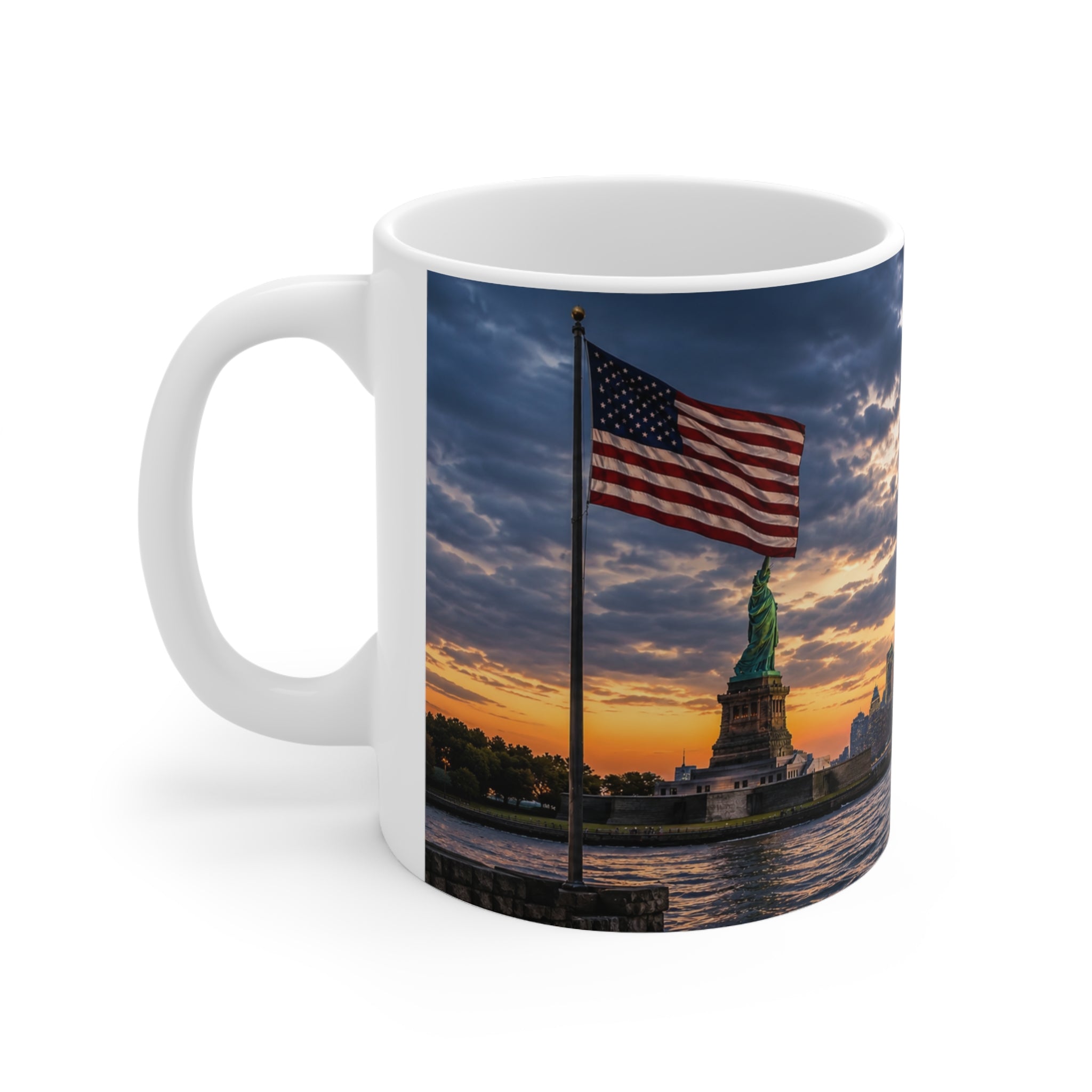 Statue of Liberty Sunset Mug — NYC Skyline Coffee Cup with American Flag (11oz & 15oz)