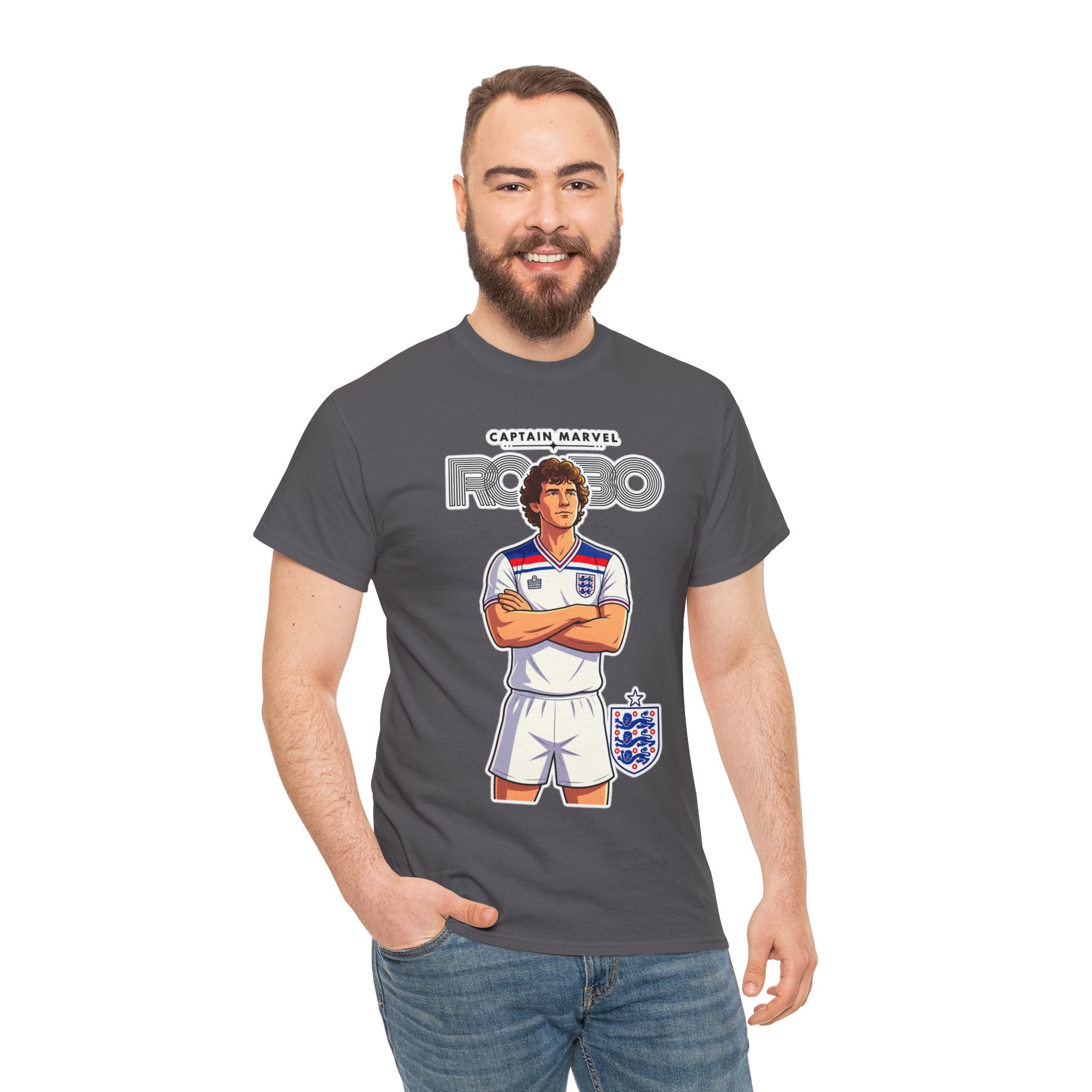 Bryan Robson Retro England Football Cotton T-Shirt / Tee — "Captain Marvel" Soccer Player Graphic