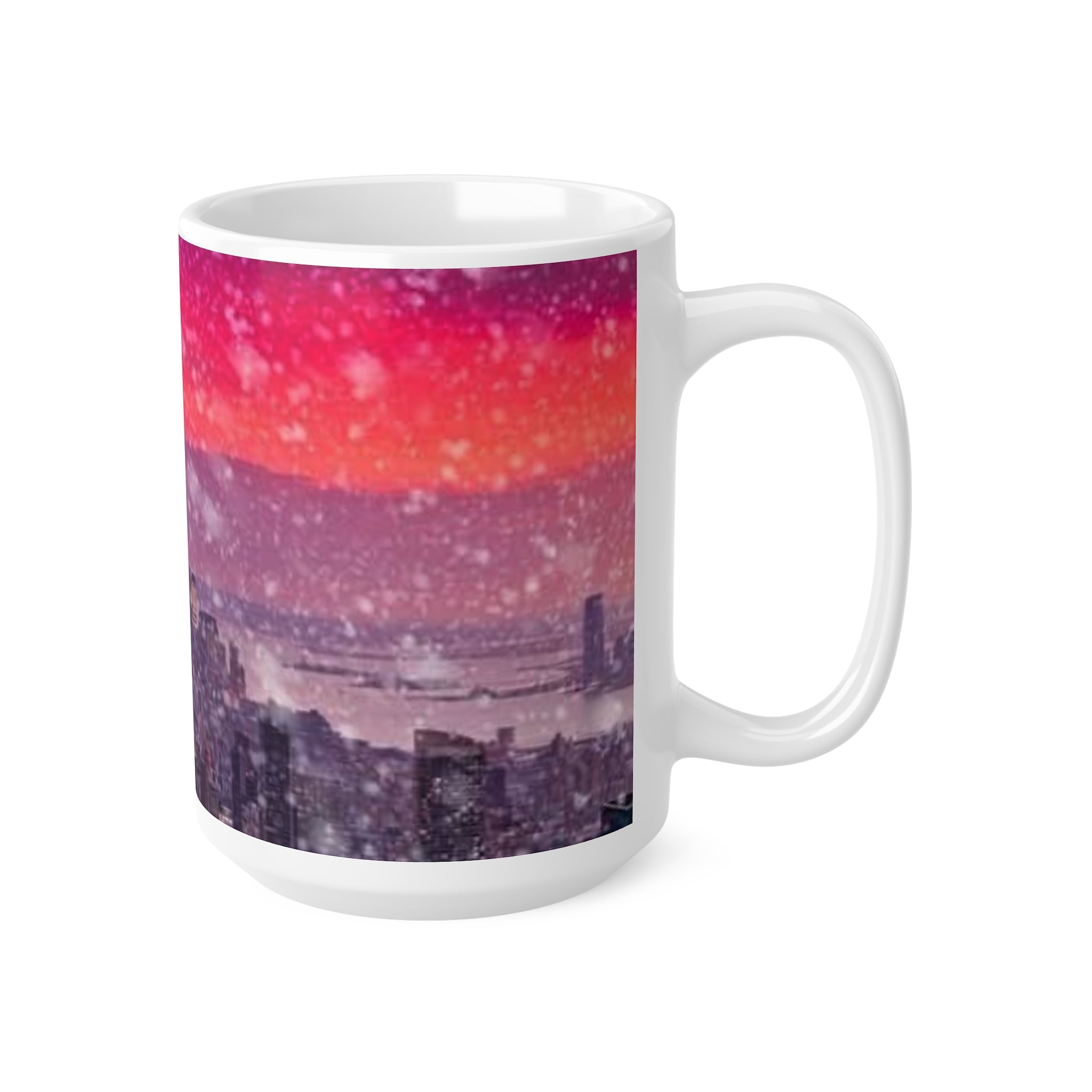 New York City Skyline Mug — Pink Sunset Snowfall Ceramic Coffee Cup (11oz & 15oz)