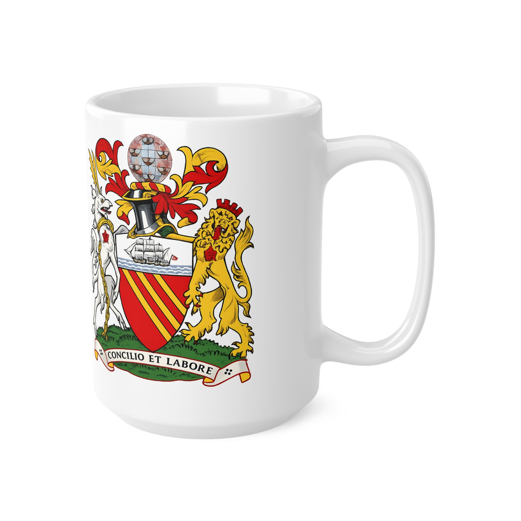 Manchester Coat of Arms Ceramic Coffee Mug — 11oz & 15oz Crest Mug ("Concilio et Labore")