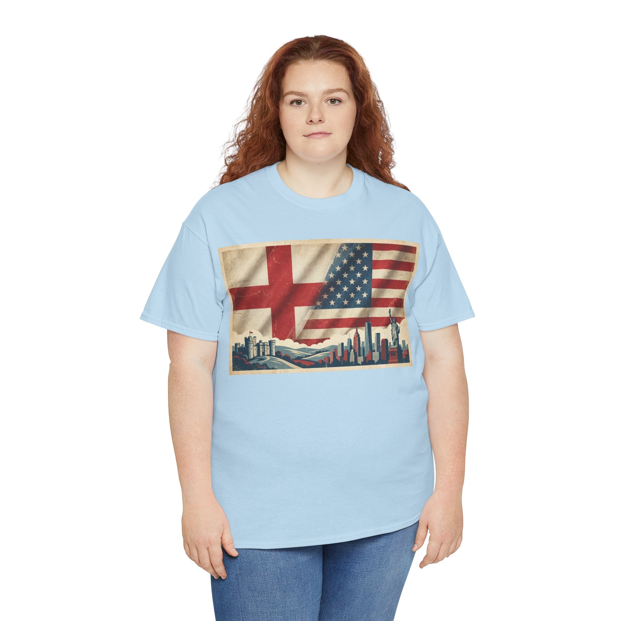 England + USA Flag Skyline T-Shirt — Vintage London & New York City Pride Tee