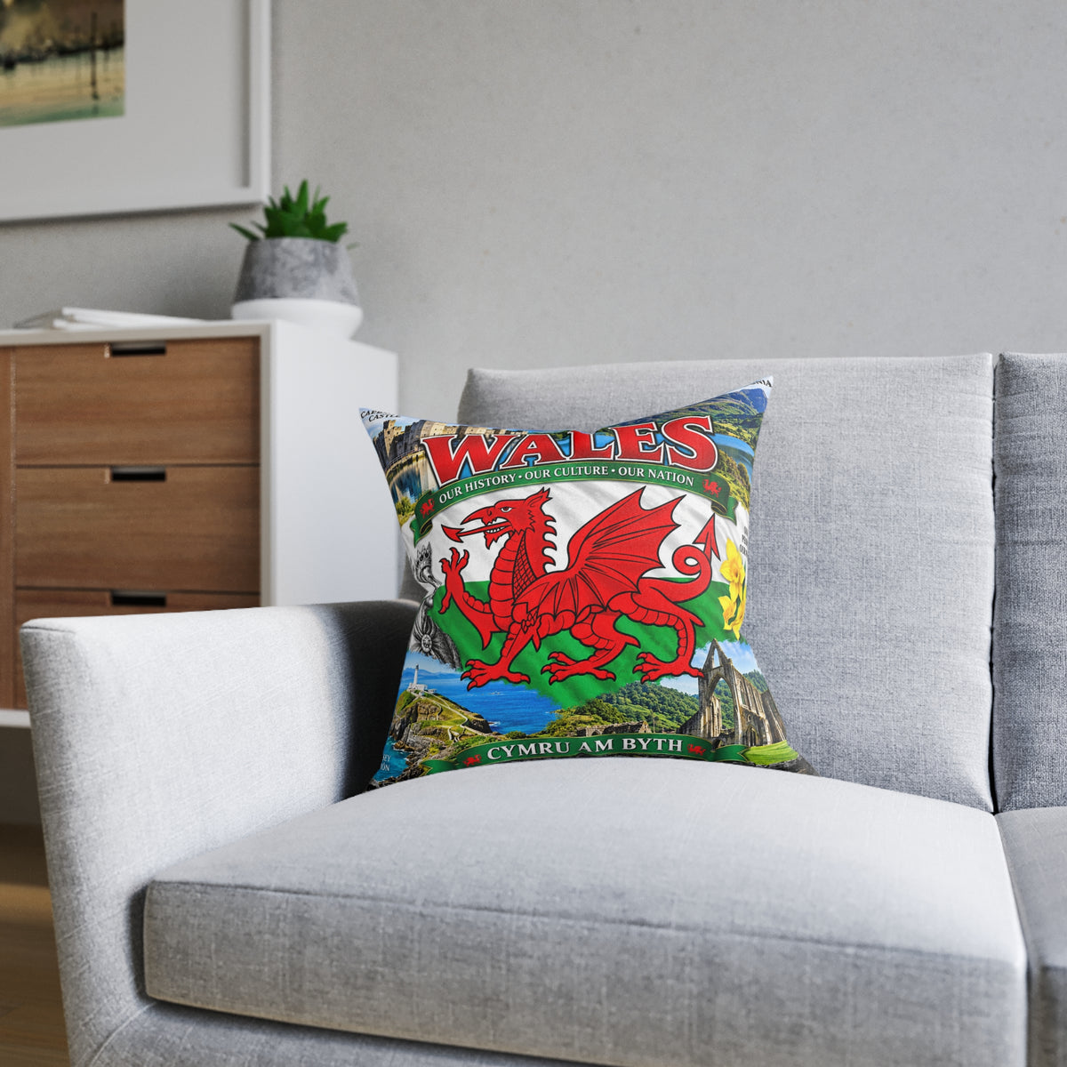 Wales Red Dragon Square Pillow — Cymru Am Byth Welsh Heritage Home Décor