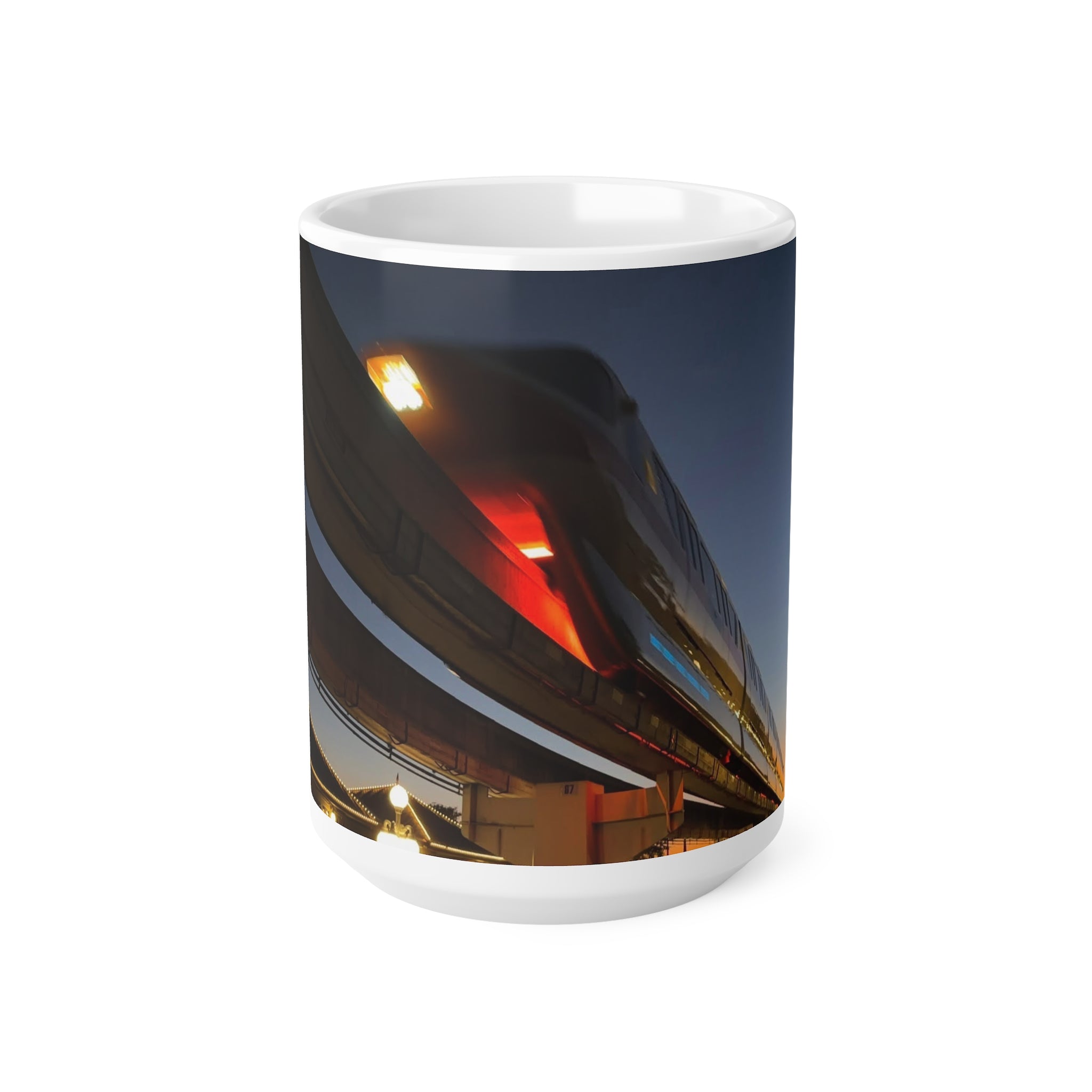 WDW Monorail Nightscape Ceramic Mug — Modern Curved Building Photo (11oz & 15oz)