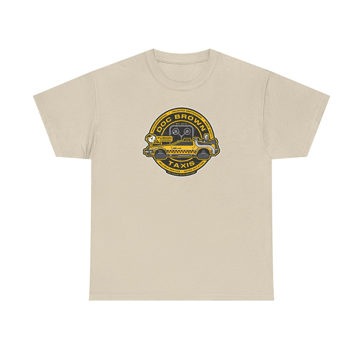 Vintage Taxi Badge T-Shirt — 'Doc Brown Taxis' Retro Cab Logo Tee