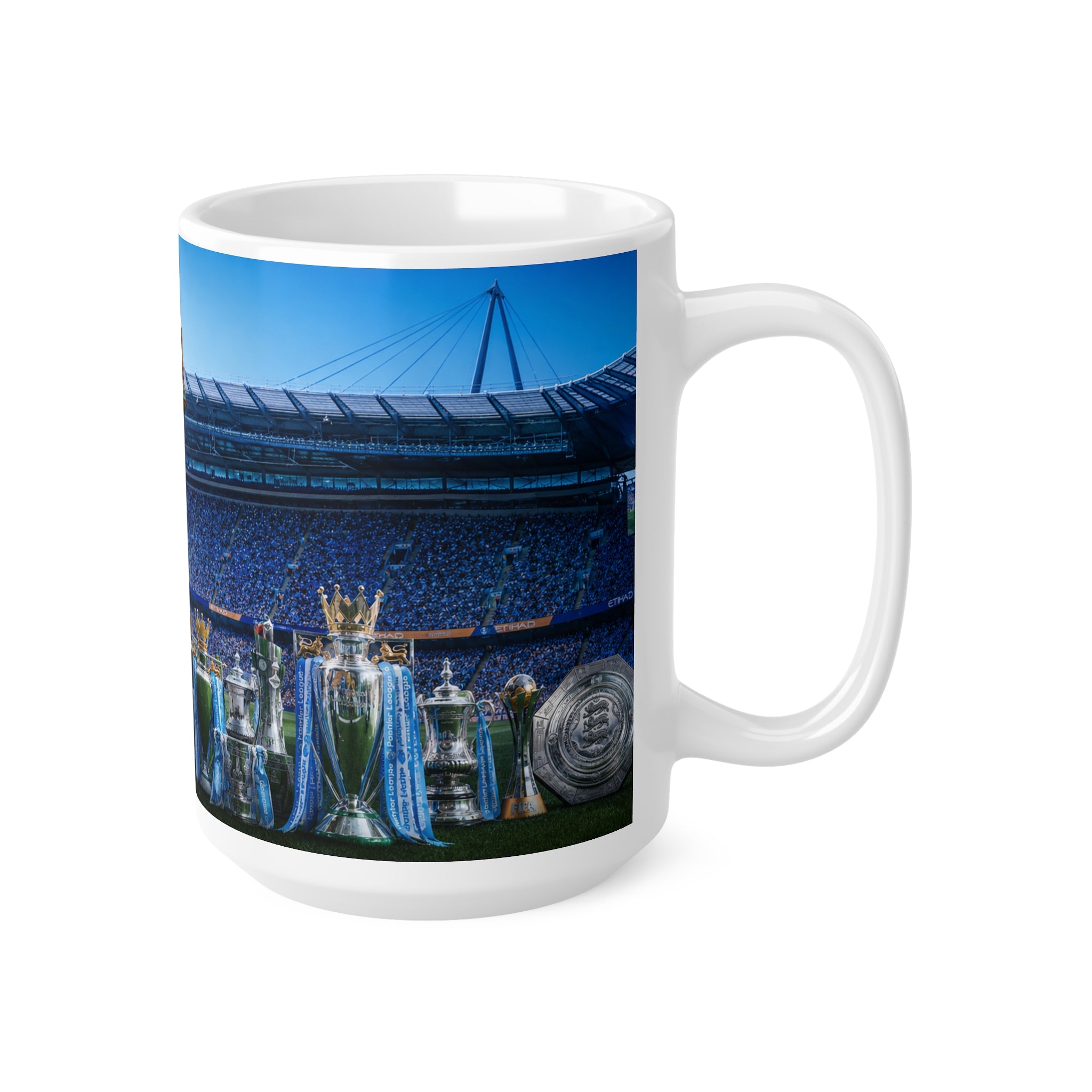 Rodri Man City Soccer Champion Ceramic Mug — Fan Cup with Trophies & Stadium Scene