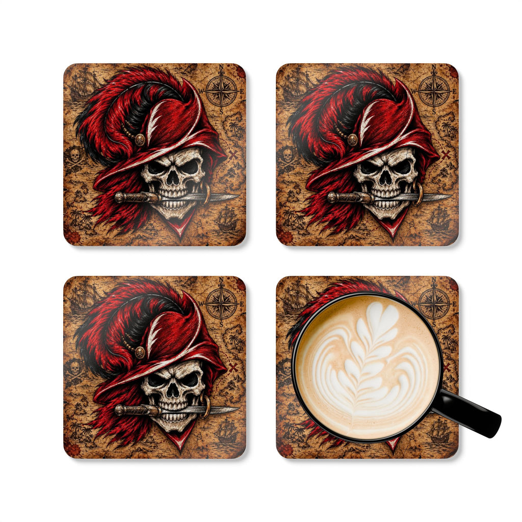 Pirate Skull Cork Coaster Set — Red Feather Buccaneer Drink Coasters