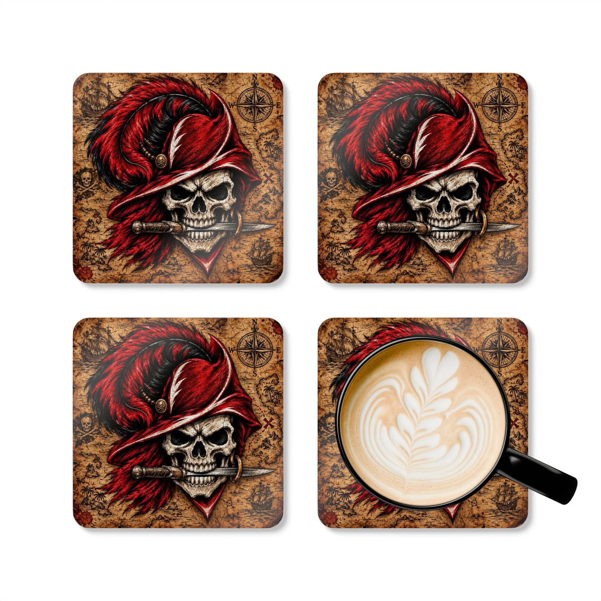 Pirate Skull Cork Coaster Set — Red Feather Buccaneer Drink Coasters
