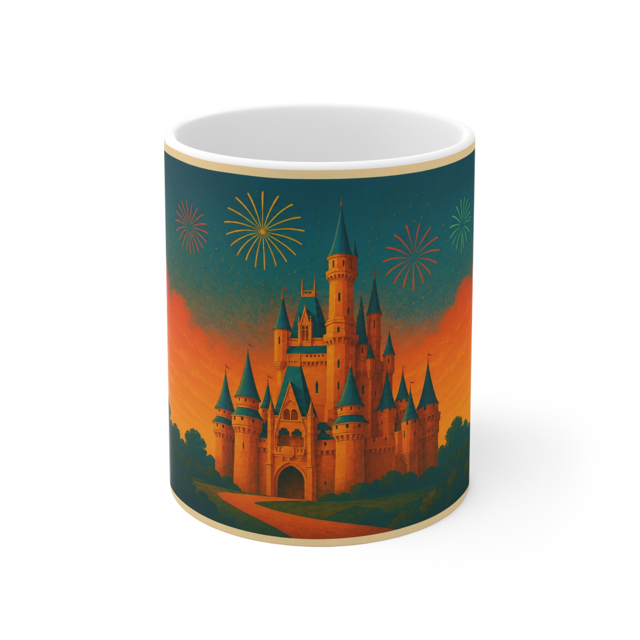 Castle Sunset Coffee Mug — Fairytale Castle with Fireworks Ceramic Mug (11oz & 15oz)