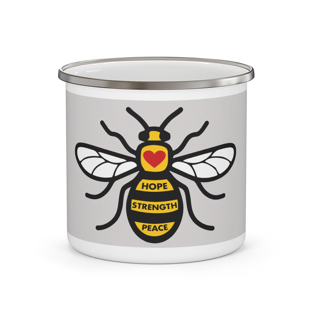 Manchester Yellow Bee Design with 'Hope Strength Peace' | Enamel Camping Coffee Cup