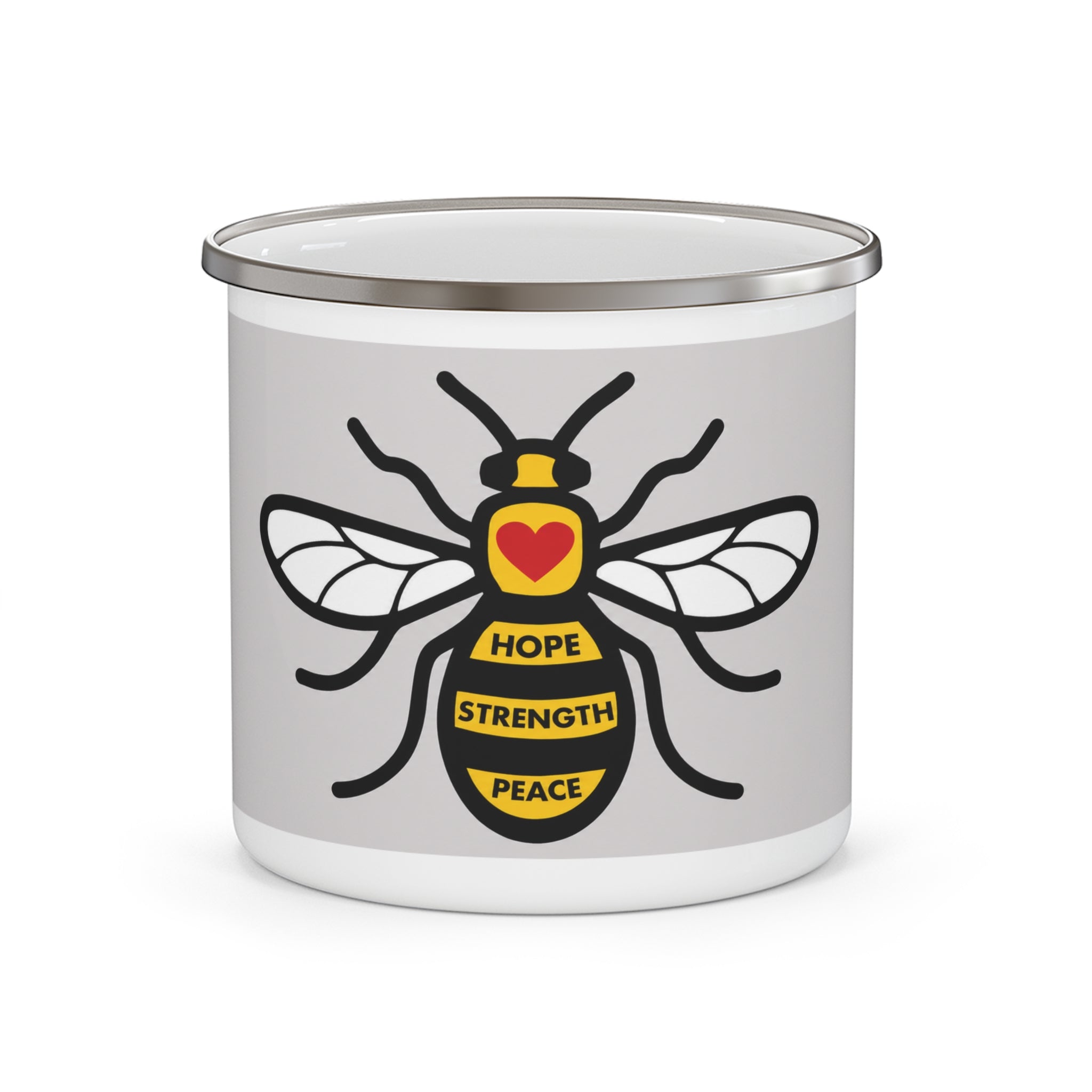 Manchester Yellow Bee Design with 'Hope Strength Peace' | Enamel Camping Coffee Cup