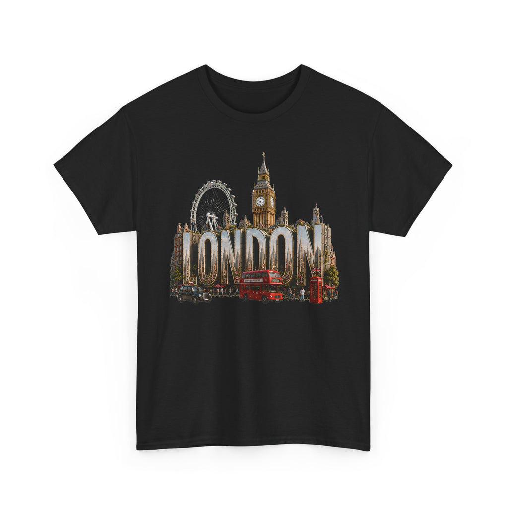 London Skyline T-Shirt — London Text with Big Ben & London Eye Graphic