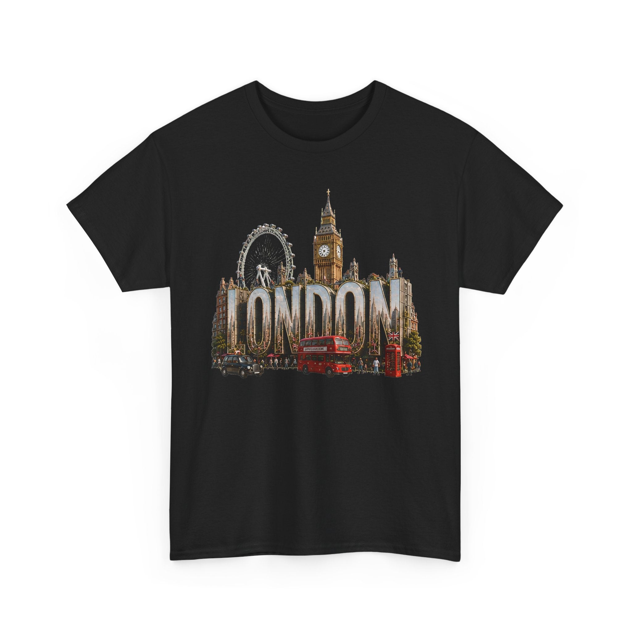 London Skyline T-Shirt — London Text with Big Ben & London Eye Graphic