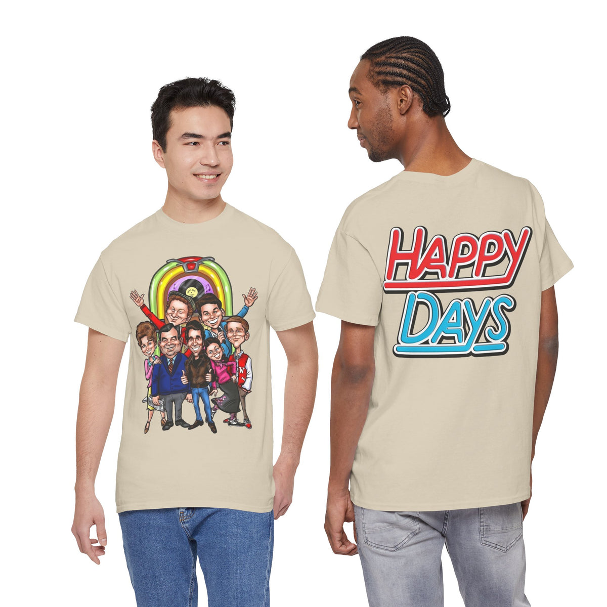 Happy Days Cast Caricature Tee — Retro 70s Sitcom Graphic T-Shirt