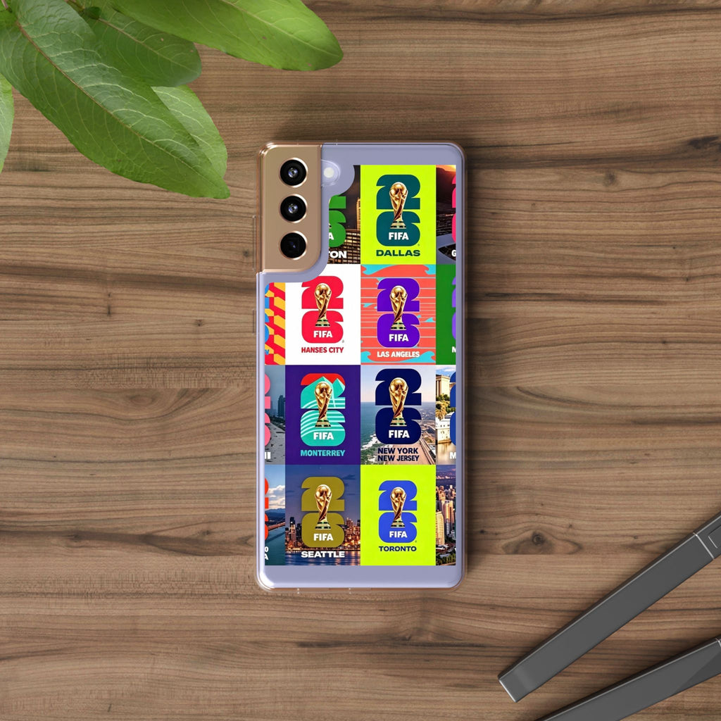 FIFA World Cup Pop Art Clear Phone Case — City Badge Collage (Dallas, LA, Monterrey, Toronto, Seattle)